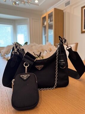 Prada Black Nylon Shoulder Bag with Chain and Pouch